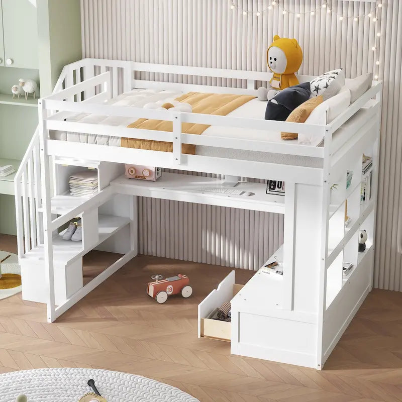 Full Size Loft Bed with Desk and Shelves, Two Built-in Drawers, Storage Staircase