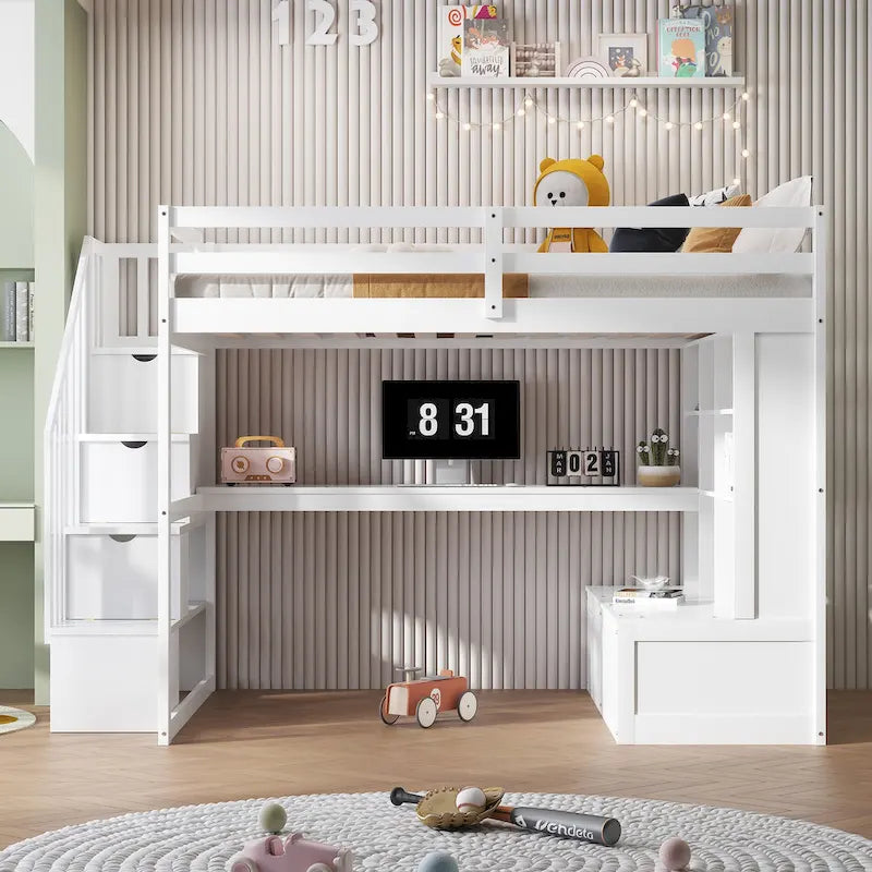 Full Size Loft Bed with Desk and Shelves, Two Built-in Drawers, Storage Staircase