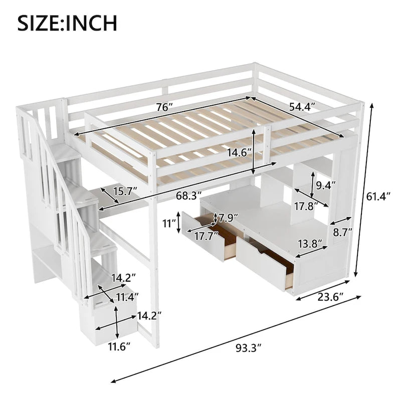 Full Size Loft Bed with Desk and Shelves, Two Built-in Drawers, Storage Staircase