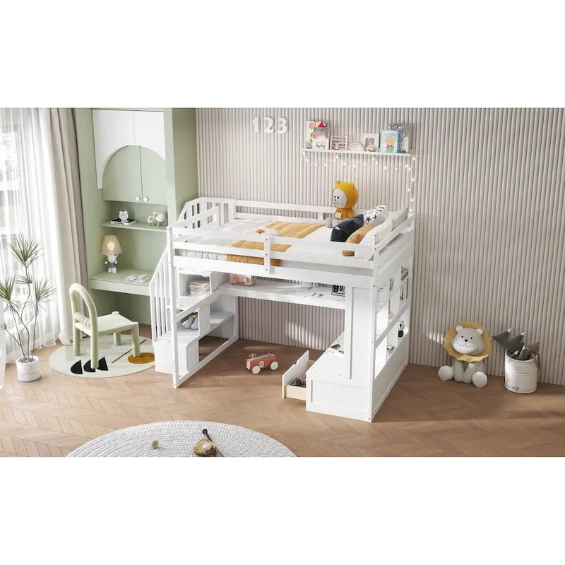 Full Size Loft Bed with Desk and Shelves, Two Built-in Drawers, Storage Staircase