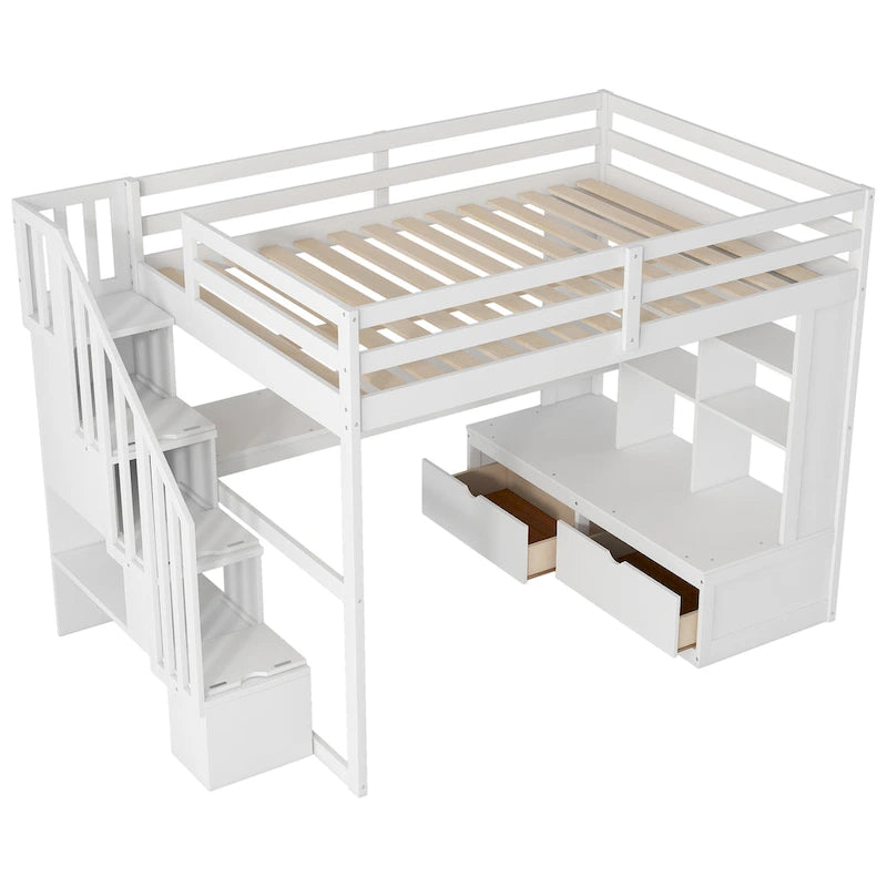Full Size Loft Bed with Desk and Shelves, Two Built-in Drawers, Storage Staircase