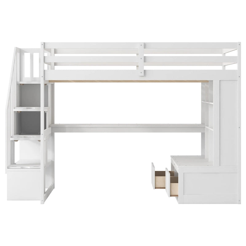 Full Size Loft Bed with Desk and Shelves, Two Built-in Drawers, Storage Staircase