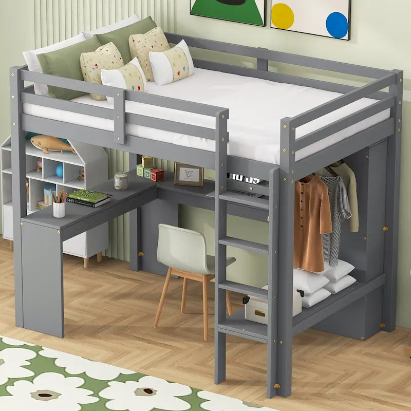 Lit mezzanine simple avec bureau en L, armoire et étagères de rangement