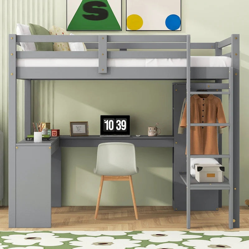 Twin Size Loft Bed with L-shaped Desk, Wardrobe and Storage Shelves