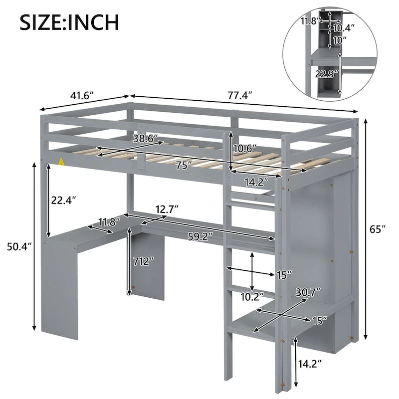 Twin Size Loft Bed with L-shaped Desk, Wardrobe and Storage Shelves