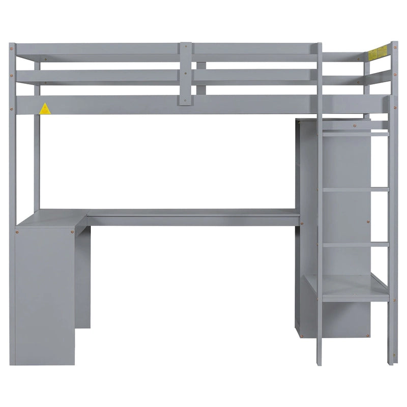 Twin Size Loft Bed with L-shaped Desk, Wardrobe and Storage Shelves