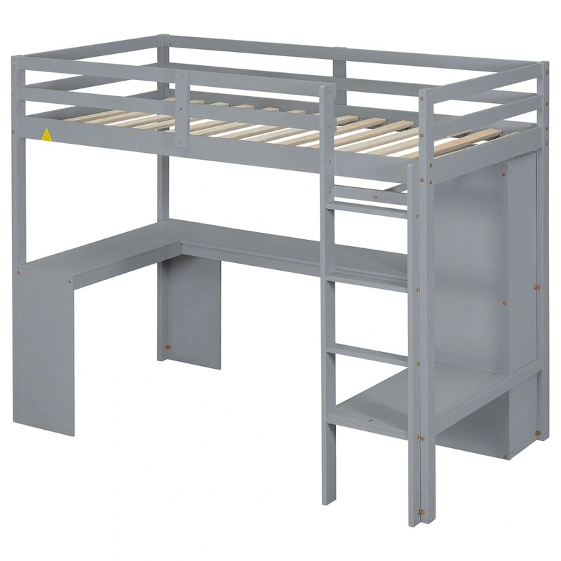 Twin Size Loft Bed with L-shaped Desk, Wardrobe and Storage Shelves