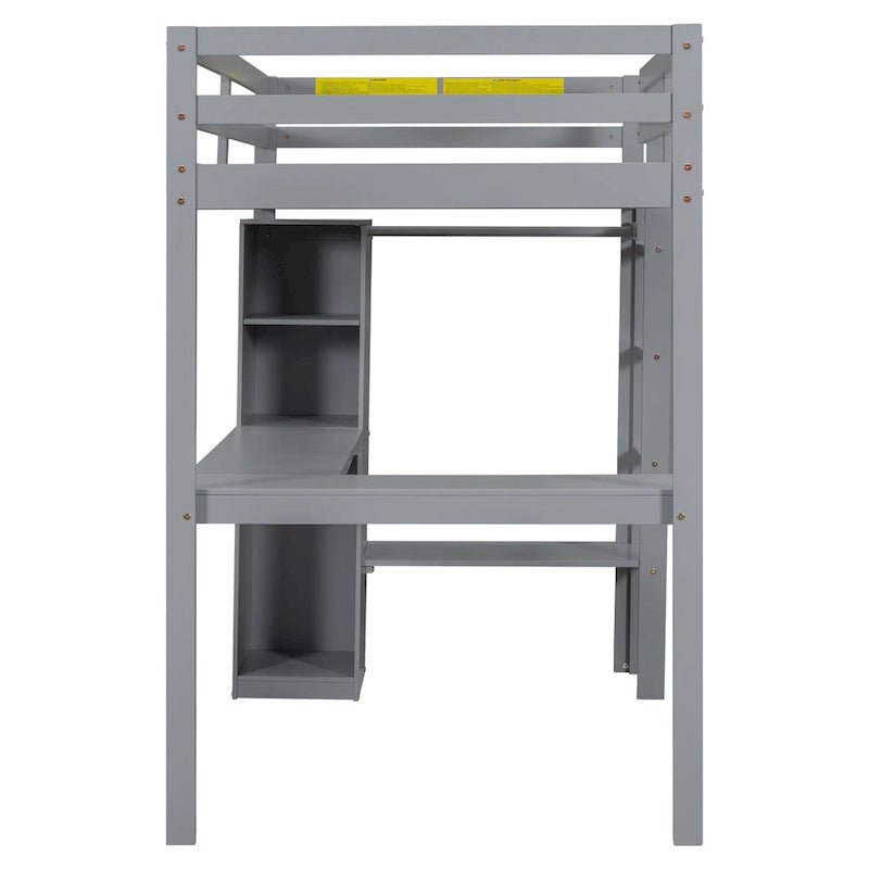 Twin Size Loft Bed with L-shaped Desk, Wardrobe and Storage Shelves