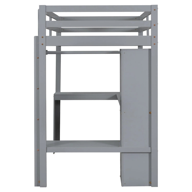 Twin Size Loft Bed with L-shaped Desk, Wardrobe and Storage Shelves
