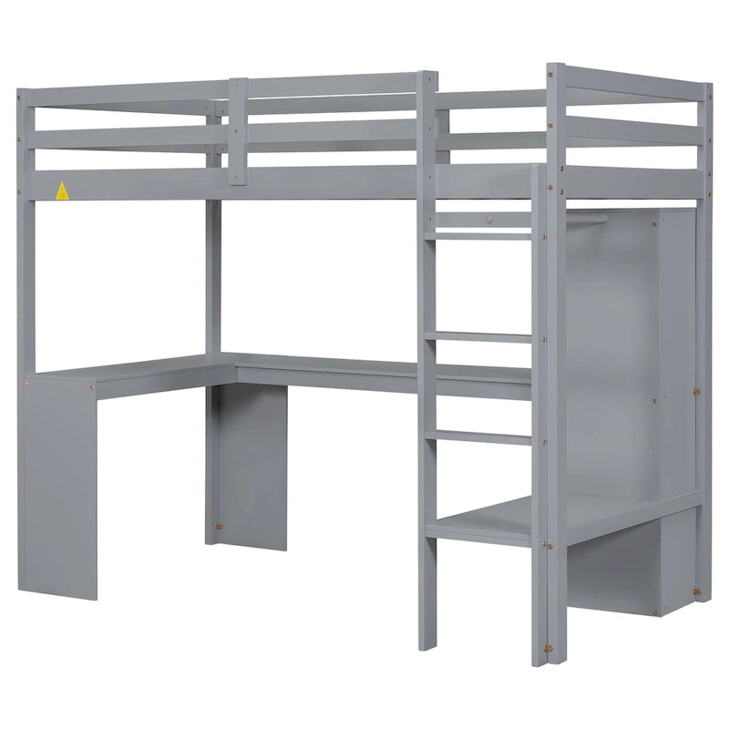 Twin Size Loft Bed with L-shaped Desk, Wardrobe and Storage Shelves