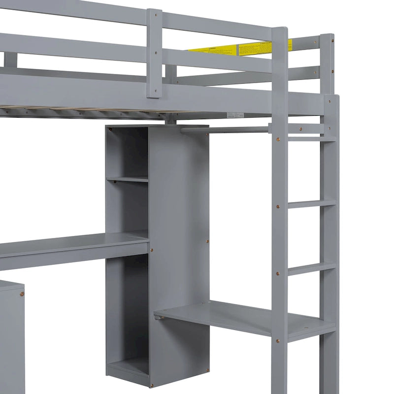 Twin Size Loft Bed with L-shaped Desk, Wardrobe and Storage Shelves