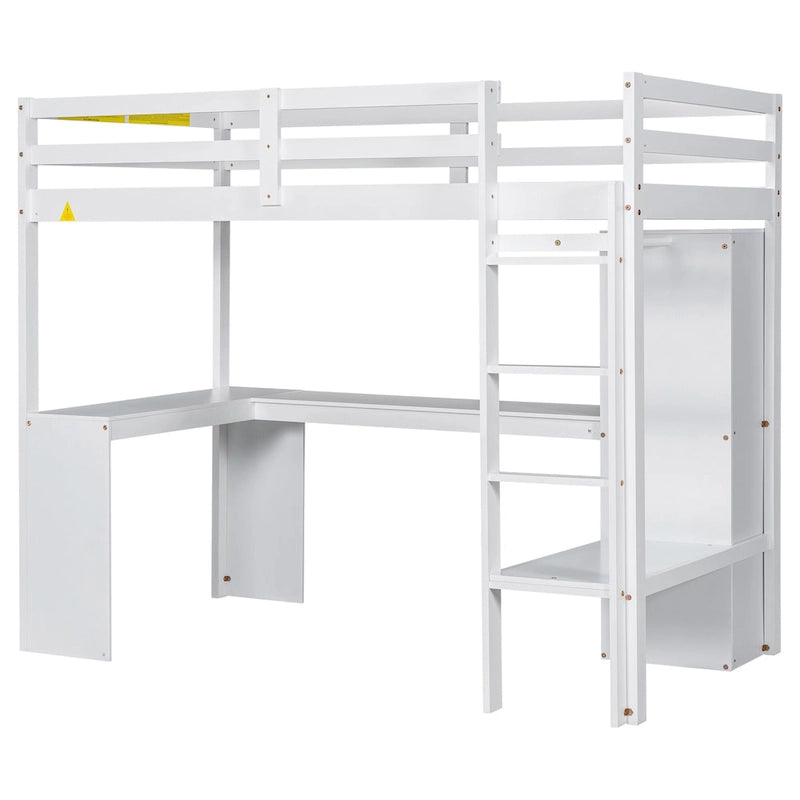 Twin Size Loft Bed with L-shaped Desk, Wardrobe and Storage Shelves