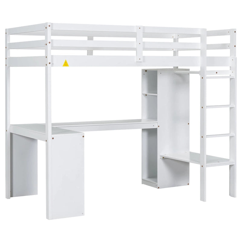 Twin Size Loft Bed with L-shaped Desk, Wardrobe and Storage Shelves