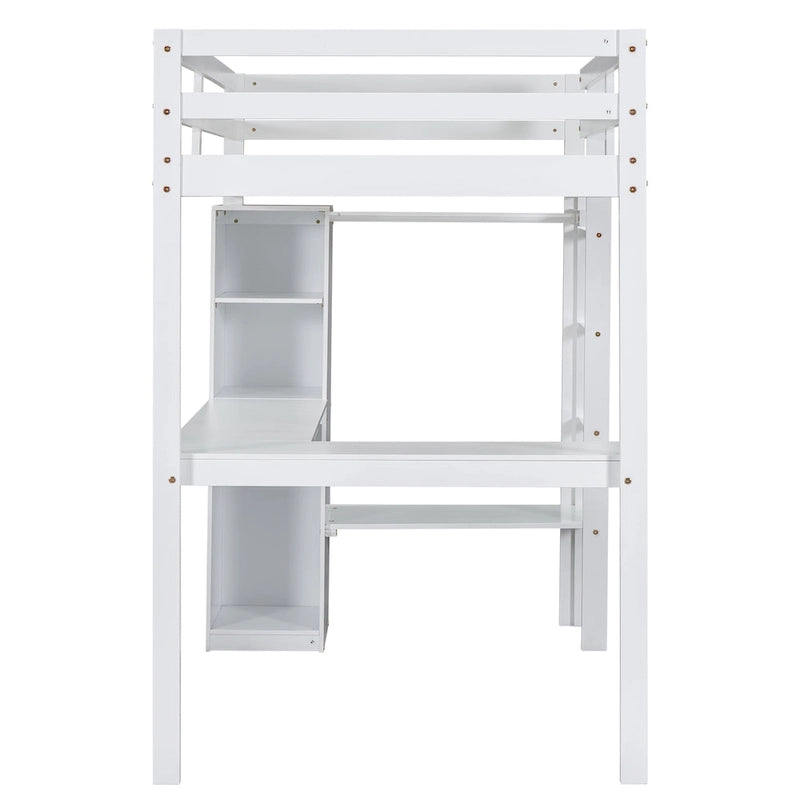 Twin Size Loft Bed with L-shaped Desk, Wardrobe and Storage Shelves