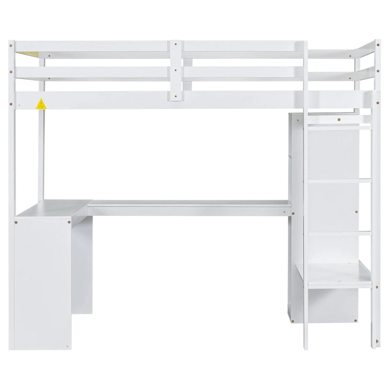 Twin Size Loft Bed with L-shaped Desk, Wardrobe and Storage Shelves