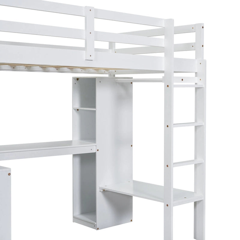 Twin Size Loft Bed with L-shaped Desk, Wardrobe and Storage Shelves