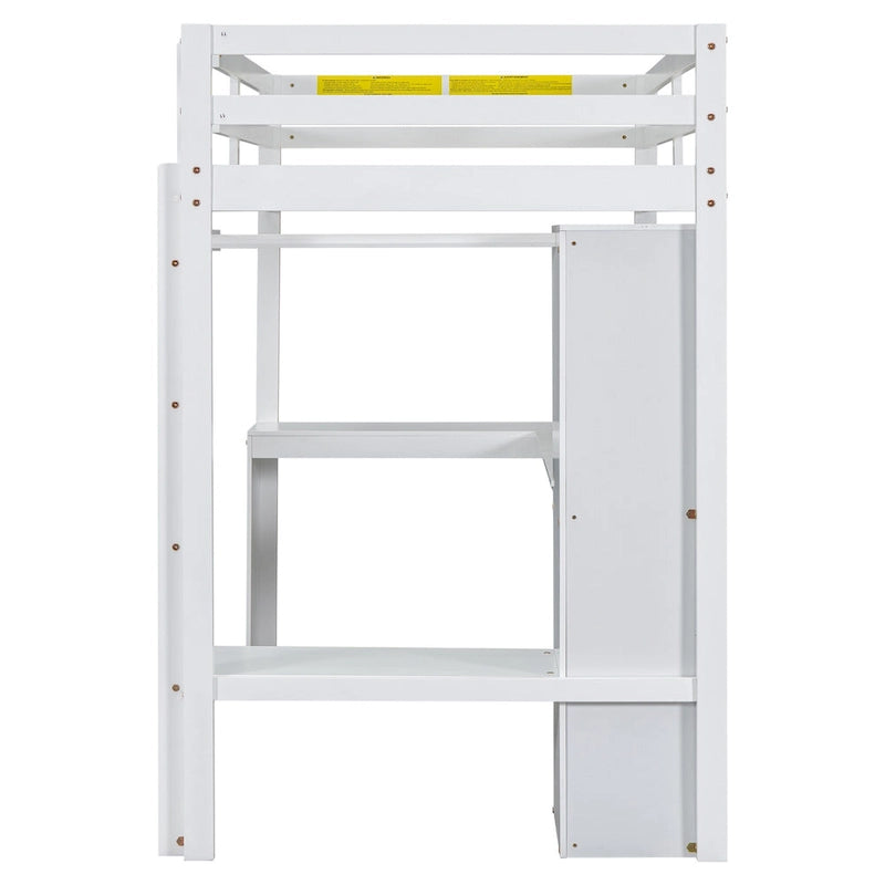 Twin Size Loft Bed with L-shaped Desk, Wardrobe and Storage Shelves