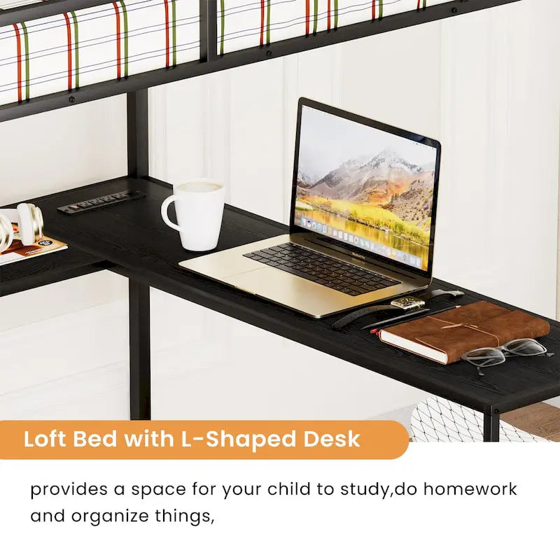 Full Size Metal Loft Bed with L-shaped Desk, LED Lights, Charging Cradle