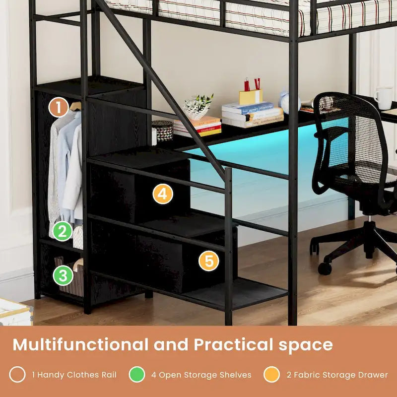 Full Size Metal Loft Bed with L-shaped Desk, LED Lights, Charging Cradle