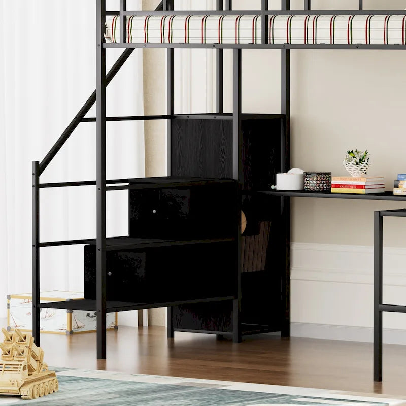 Full Size Metal Loft Bed with L-shaped Desk, LED Lights, Charging Cradle