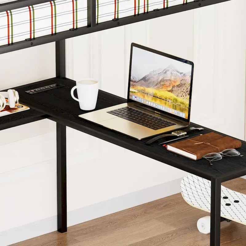 Full Size Metal Loft Bed with L-shaped Desk, LED Lights, Charging Cradle