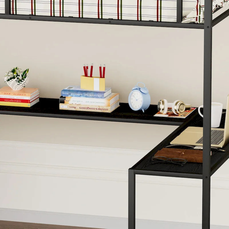 Full Size Metal Loft Bed with L-shaped Desk, LED Lights, Charging Cradle