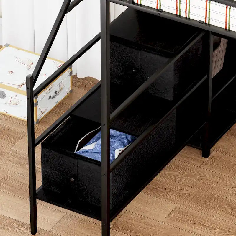 Full Size Metal Loft Bed with L-shaped Desk, LED Lights, Charging Cradle