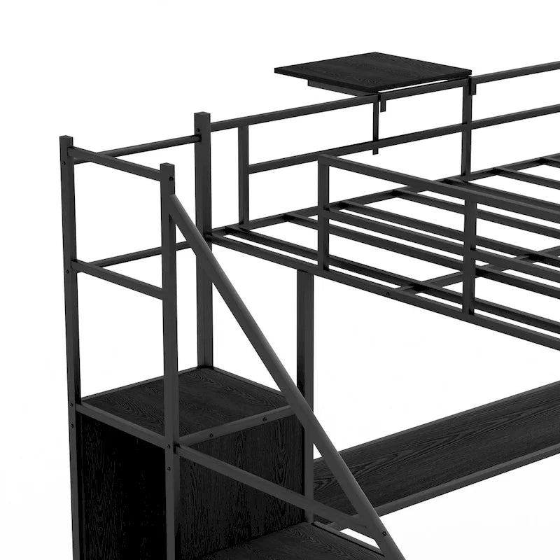 Full Size Metal Loft Bed with L-shaped Desk, LED Lights, Charging Cradle