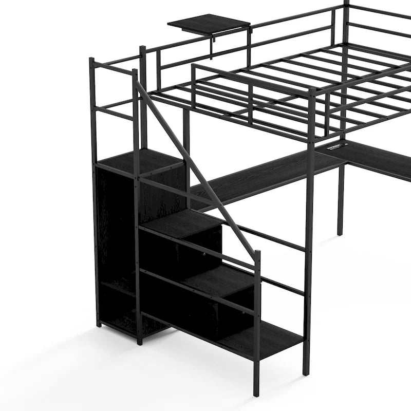 Full Size Metal Loft Bed with L-shaped Desk, LED Lights, Charging Cradle