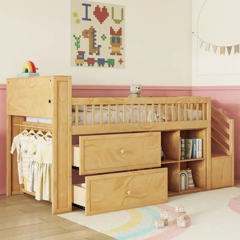 Twin Size Loft Bed with LED and Bookshelf, Wood Low Loft Bed with Stairs