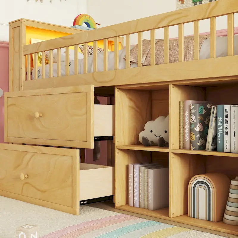 Twin Size Loft Bed with LED and Bookshelf, Wood Low Loft Bed with Stairs