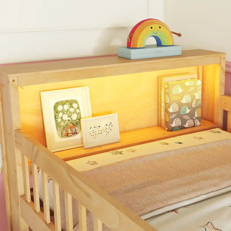 Twin Size Loft Bed with LED and Bookshelf, Wood Low Loft Bed with Stairs