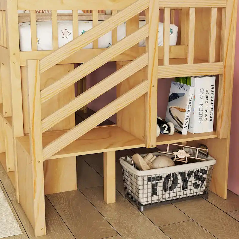 Twin Size Loft Bed with LED and Bookshelf, Wood Low Loft Bed with Stairs