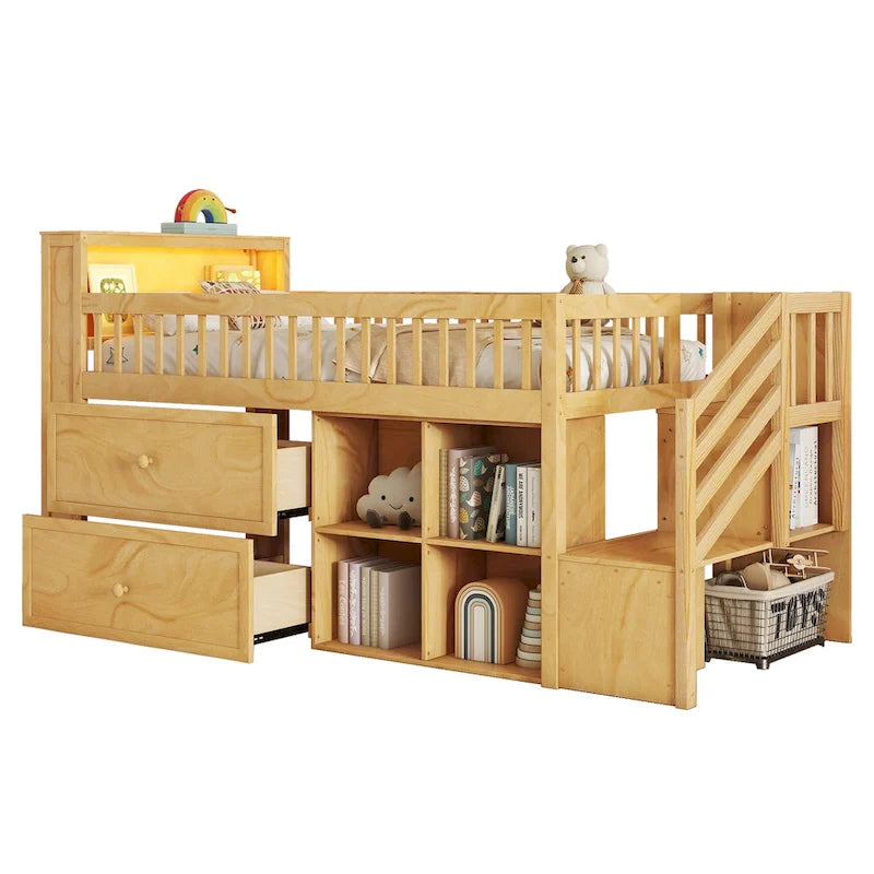 Twin Size Loft Bed with LED and Bookshelf, Wood Low Loft Bed with Stairs