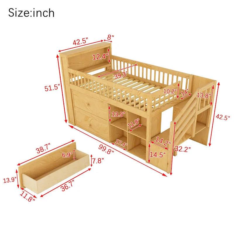 Twin Size Loft Bed with LED and Bookshelf, Wood Low Loft Bed with Stairs