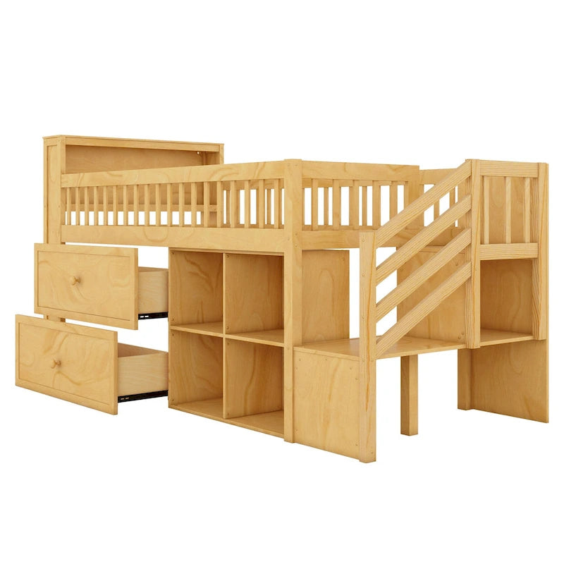 Twin Size Loft Bed with LED and Bookshelf, Wood Low Loft Bed with Stairs