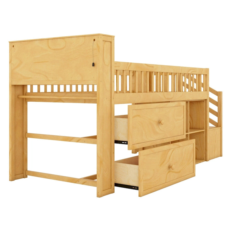Twin Size Loft Bed with LED and Bookshelf, Wood Low Loft Bed with Stairs