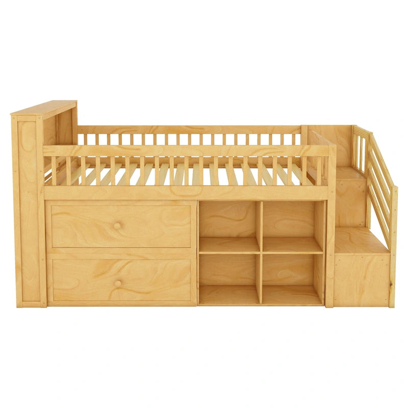 Twin Size Loft Bed with LED and Bookshelf, Wood Low Loft Bed with Stairs