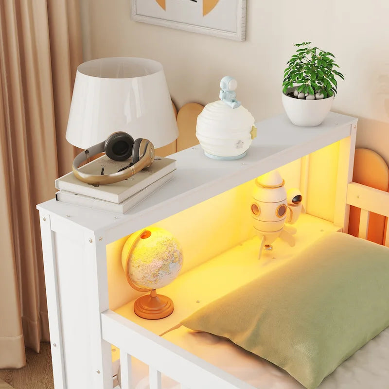Twin Size Loft Bed with LED and Bookshelf, Wood Low Loft Bed with Stairs