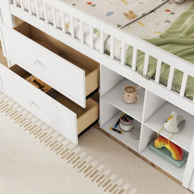 Twin Size Loft Bed with LED and Bookshelf, Wood Low Loft Bed with Stairs