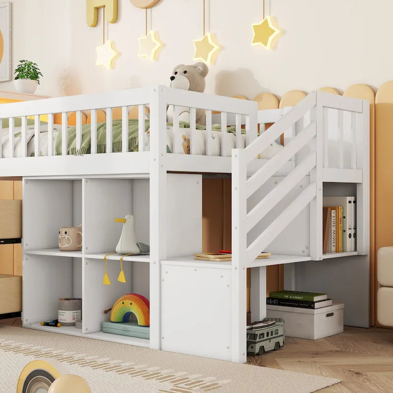 Twin Size Loft Bed with LED and Bookshelf, Wood Low Loft Bed with Stairs