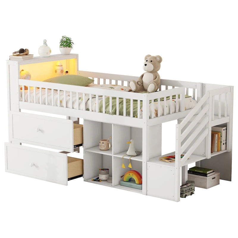 Twin Size Loft Bed with LED and Bookshelf, Wood Low Loft Bed with Stairs
