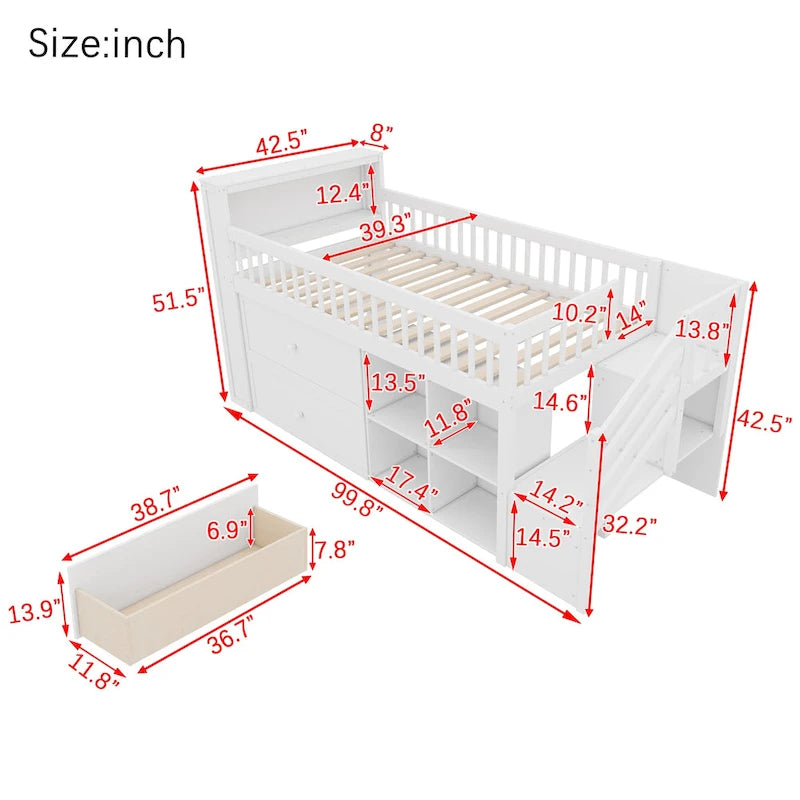 Twin Size Loft Bed with LED and Bookshelf, Wood Low Loft Bed with Stairs