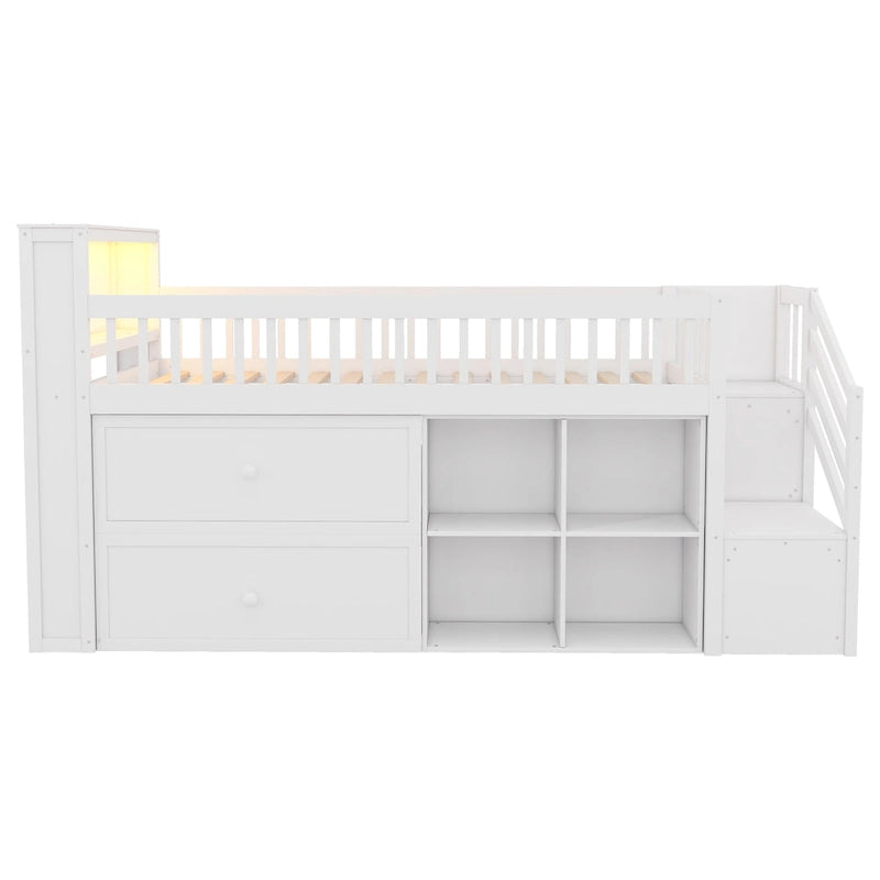 Twin Size Loft Bed with LED and Bookshelf, Wood Low Loft Bed with Stairs