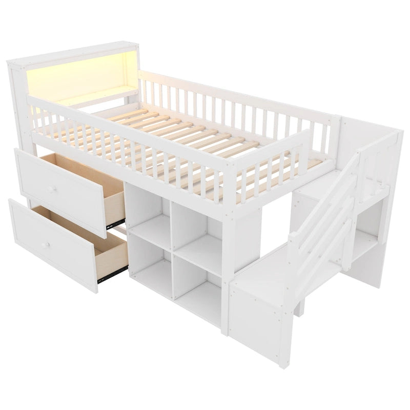 Twin Size Loft Bed with LED and Bookshelf, Wood Low Loft Bed with Stairs