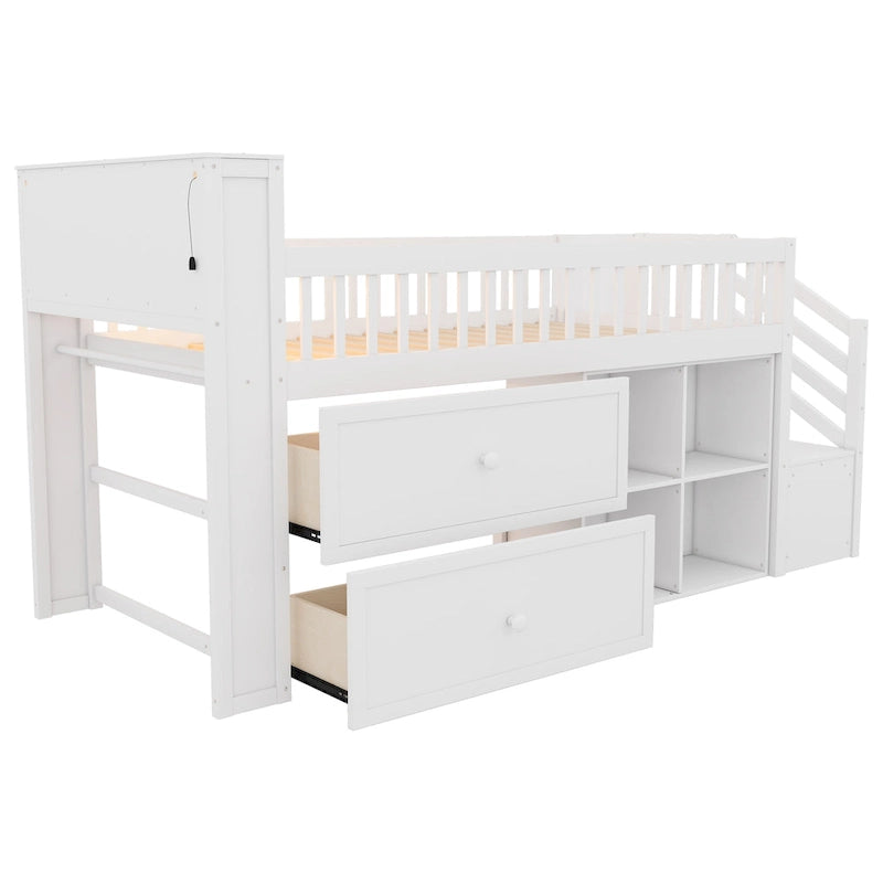 Twin Size Loft Bed with LED and Bookshelf, Wood Low Loft Bed with Stairs