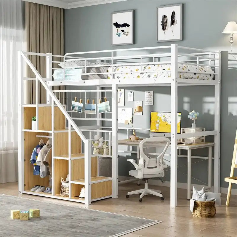 Metal Loft Bed with Storage Staircase and Small Wardrobe, Twin Size Loft Bedframe with Metal Grid and Guardrails for Kids