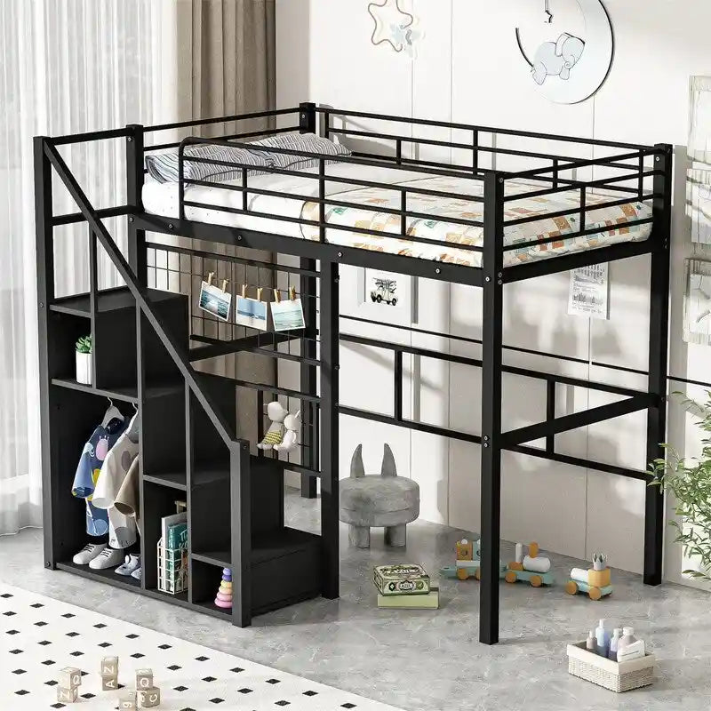 Metal Loft Bed with Storage Staircase and Small Wardrobe, Twin Size Loft Bedframe with Metal Grid and Guardrails for Kids