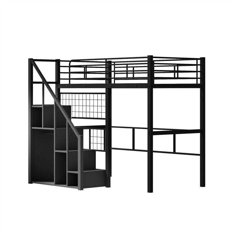 Metal Loft Bed with Storage Staircase and Small Wardrobe, Twin Size Loft Bedframe with Metal Grid and Guardrails for Kids