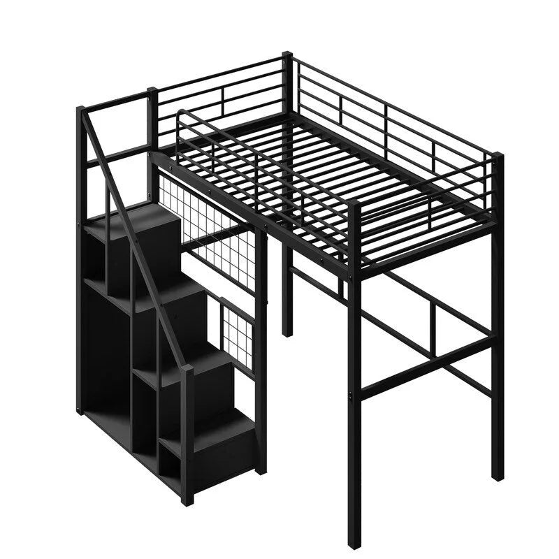 Metal Loft Bed with Storage Staircase and Small Wardrobe, Twin Size Loft Bedframe with Metal Grid and Guardrails for Kids